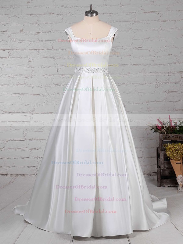 Satin Ball Gown Square Neckline Sweep Train Beading Wedding Dresses #DOB00023171
