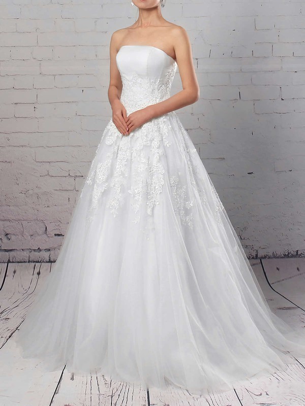 Tulle Ball Gown Strapless Sweep Train Appliques Lace Wedding Dresses #DOB00023175