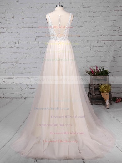 Tulle Princess Scoop Neck Sweep Train Lace Wedding Dresses #DOB00023182