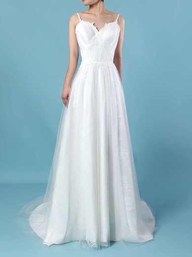 Tulle Lace A-line V-neck Sweep Train Appliques Lace Wedding Dresses #DOB00023211