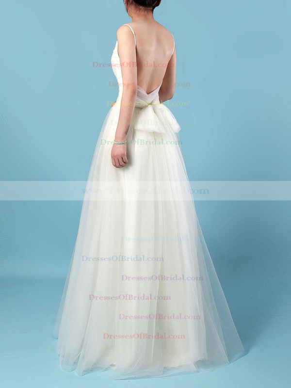 Tulle A-line V-neck Floor-length Ruffles Wedding Dresses #DOB00023214
