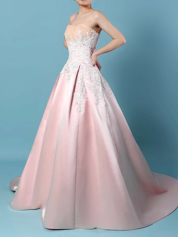 Satin Ball Gown Strapless Sweep Train Appliques Lace Wedding Dresses #DOB00023235