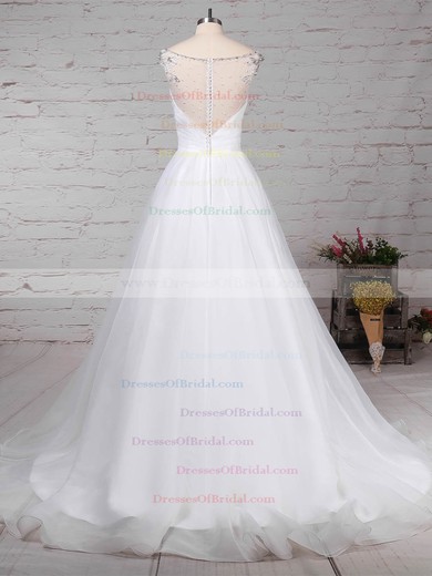 Organza Tulle Ball Gown V-neck Sweep Train Beading Wedding Dresses #DOB00023237