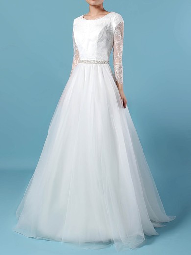 Lace Tulle Princess Scoop Neck Sweep Train Beading Wedding Dresses #DOB00023246