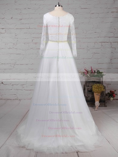 Lace Tulle Princess Scoop Neck Sweep Train Beading Wedding Dresses #DOB00023246