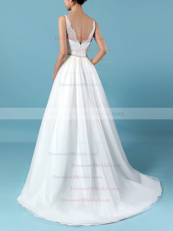 Lace Tulle Princess Scoop Neck Sweep Train Beading Wedding Dresses #DOB00023247