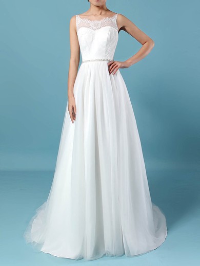 Lace Tulle Princess Scoop Neck Sweep Train Beading Wedding Dresses #DOB00023247