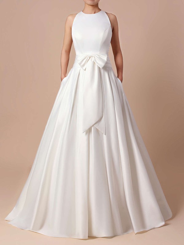 Satin Ball Gown Scoop Neck Sweep Train Bow Wedding Dresses #DOB00023255
