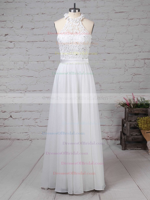 Lace Chiffon A-line High Neck Floor-length Beading Wedding Dresses #DOB00023296