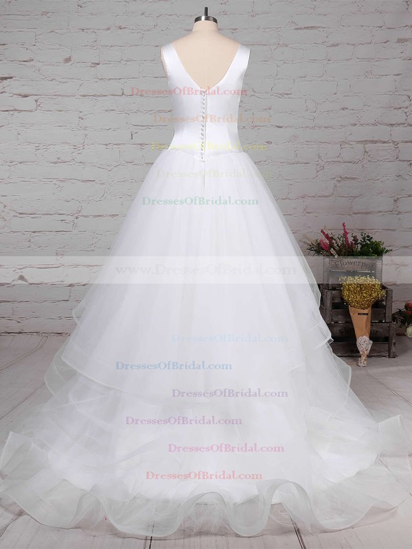Satin Tulle Ball Gown V-neck Sweep Train Tiered Wedding Dresses #DOB00023312
