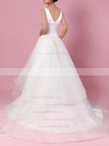 Satin Tulle Ball Gown V-neck Sweep Train Tiered Wedding Dresses #DOB00023312