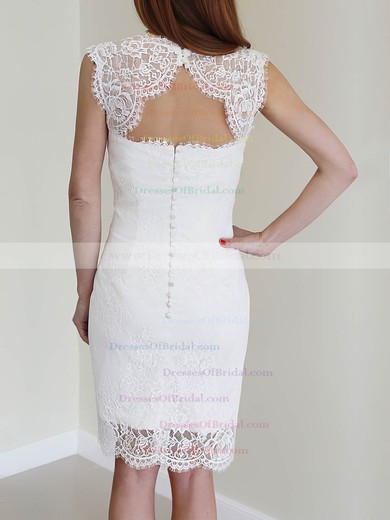 Queen-anne Sheath/Column Knee-length Lace Satin Buttons Wedding Dresses #DOB00020468