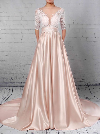 Satin Tulle Ball Gown Scoop Neck Sweep Train Appliques Lace Wedding Dresses #DOB00023314