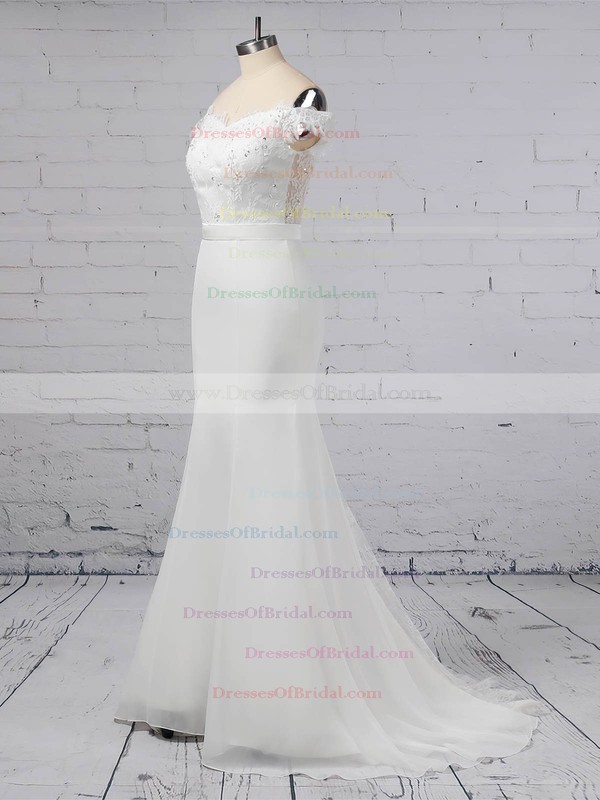 Lace Chiffon Trumpet/Mermaid Off-the-shoulder Sweep Train Sashes / Ribbons Wedding Dresses #DOB00023358