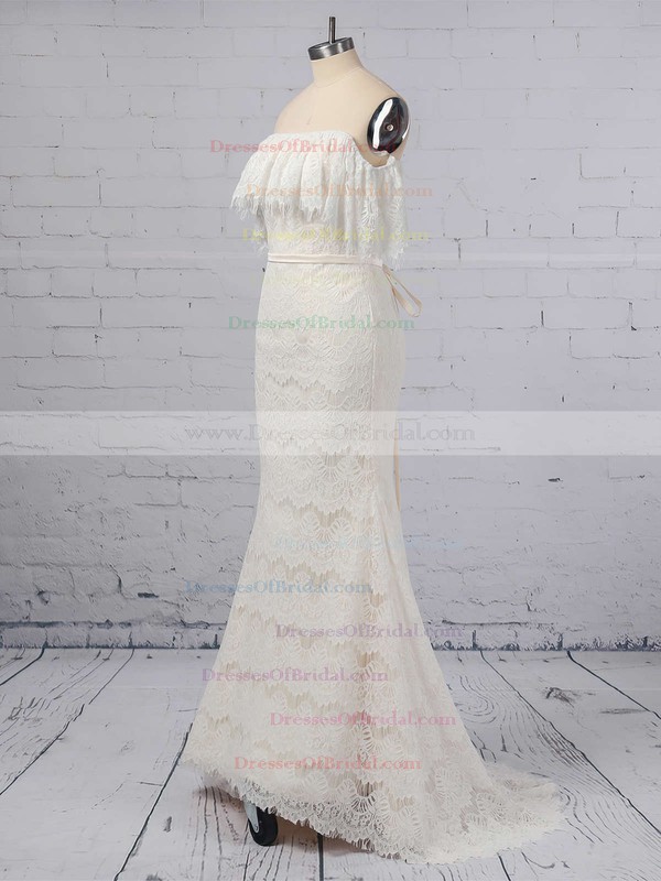 Lace Trumpet/Mermaid Off-the-shoulder Sweep Train Sashes / Ribbons Wedding Dresses #DOB00023361