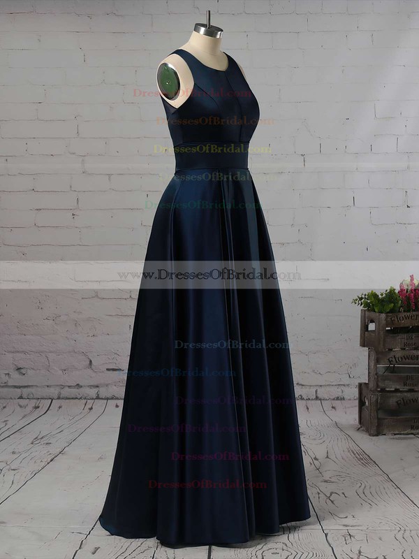 A-line Scoop Neck Satin Floor-length Pockets Bridesmaid Dresses #DOB01013558