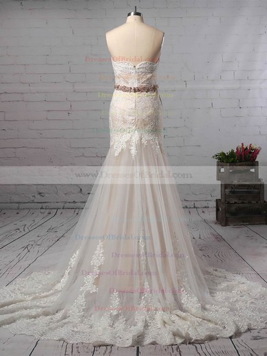 Trumpet/Mermaid Sweetheart Lace Tulle Watteau Train Sashes / Ribbons Wedding Dresses #DOB00023140
