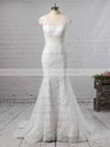 Trumpet/Mermaid V-neck Tulle Sweep Train Appliques Lace Wedding Dresses #DOB00023187