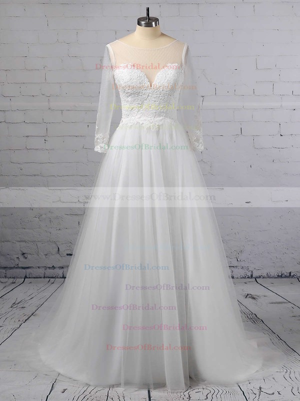 A-line Scoop Neck Tulle Floor-length Appliques Lace Wedding Dresses #DOB00023348