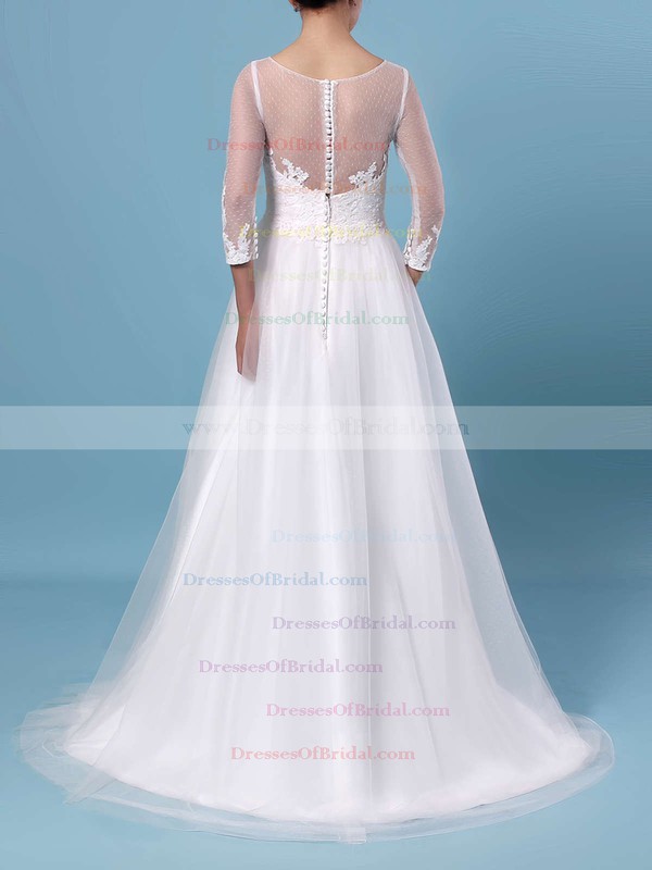 A-line Scoop Neck Tulle Floor-length Appliques Lace Wedding Dresses #DOB00023348