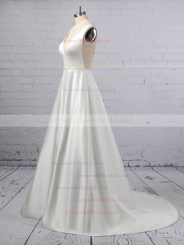 A-line V-neck Satin Sweep Train Beading Wedding Dresses #DOB00023350