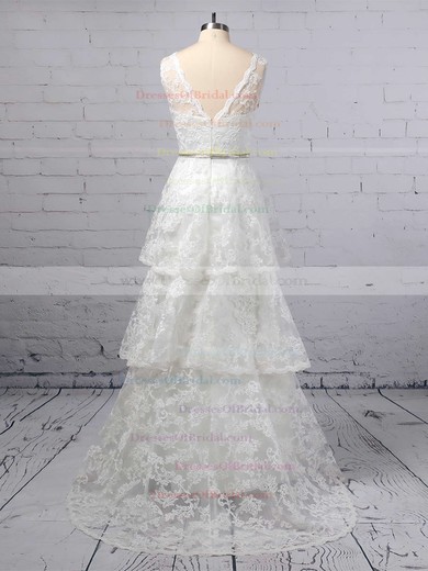 A-line V-neck Lace Sweep Train Beading Wedding Dresses #DOB00023353