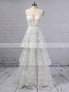A-line V-neck Lace Sweep Train Beading Wedding Dresses #DOB00023353