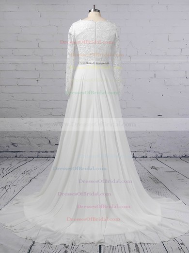 A-line Scoop Neck Lace Chiffon Sweep Train Beading Wedding Dresses #DOB00023355