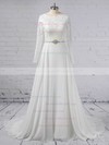 A-line Scoop Neck Lace Chiffon Sweep Train Beading Wedding Dresses #DOB00023355