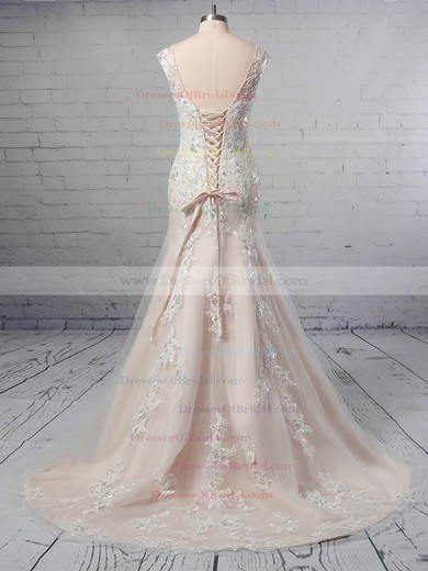 A-line V-neck Tulle Sweep Train Appliques Lace Wedding Dresses #DOB00023356