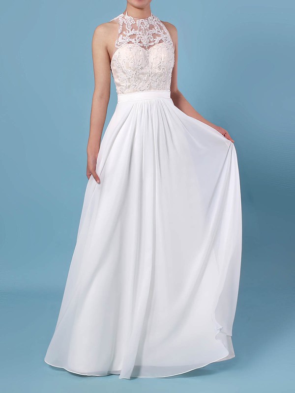 A-line Scoop Neck Chiffon Tulle Floor-length Beading Wedding Dresses #DOB00023360