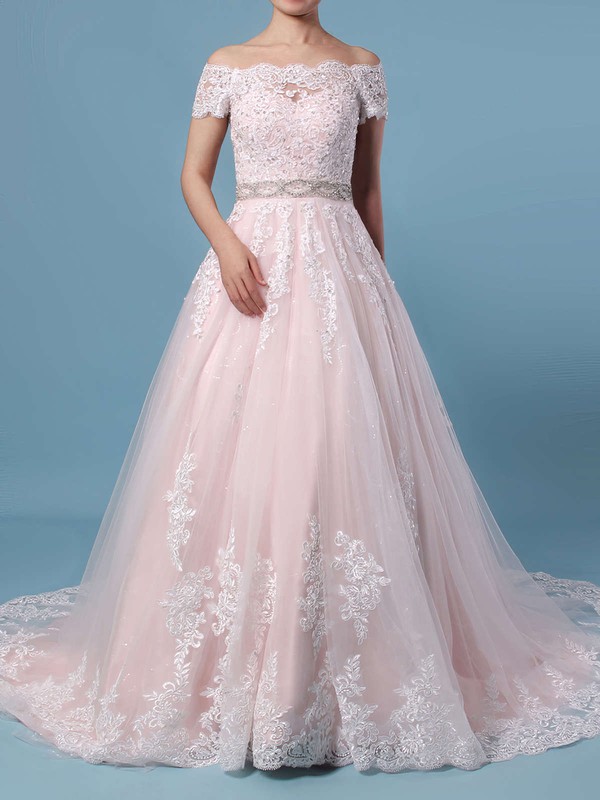 Ball Gown Off-the-shoulder Tulle Sweep Train Beading Wedding Dresses #DOB00023369
