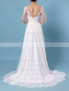 A-line V-neck Chiffon Tulle Sweep Train Appliques Lace Wedding Dresses #DOB00023371