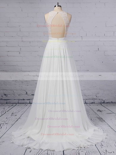 A-line Scoop Neck Lace Chiffon Floor-length Sashes / Ribbons Wedding Dresses #DOB00023372