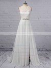 A-line Scoop Neck Lace Chiffon Floor-length Sashes / Ribbons Wedding Dresses #DOB00023372