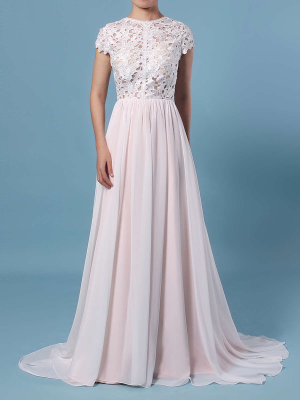 A-line Scoop Neck Lace Chiffon Floor-length Wedding Dresses #DOB00023373