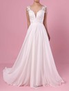A-line V-neck Chiffon Tulle Sweep Train Beading Wedding Dresses #DOB00023374