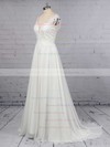 A-line V-neck Chiffon Tulle Sweep Train Beading Wedding Dresses #DOB00023374