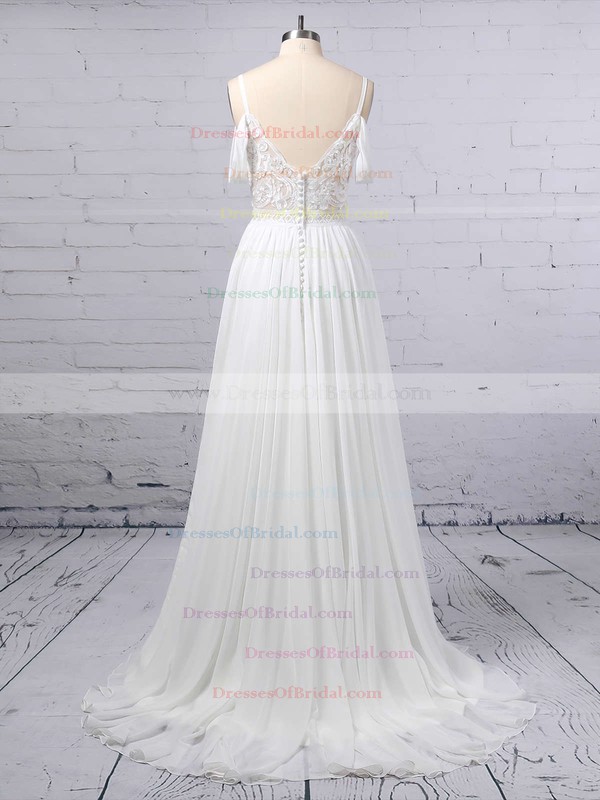 A-line V-neck Chiffon Sweep Train Lace Wedding Dresses #DOB00023377