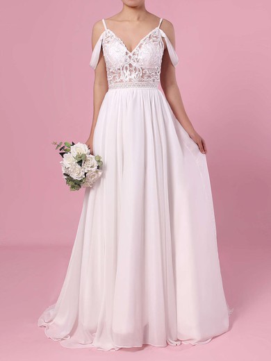 A-line V-neck Chiffon Sweep Train Lace Wedding Dresses #DOB00023377