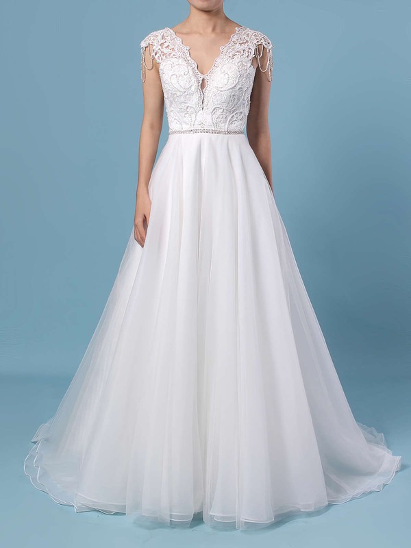 Princess V-neck Tulle Sweep Train Appliques Lace Wedding Dresses #DOB00023380