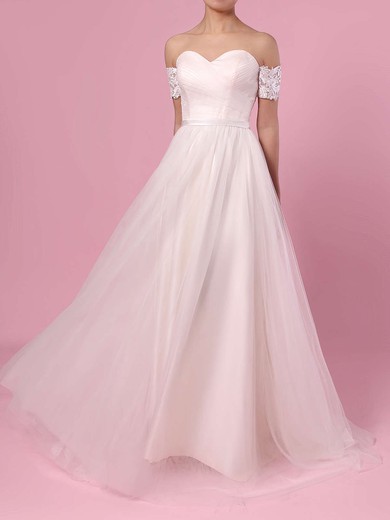 Princess Off-the-shoulder Tulle Sweep Train Sashes / Ribbons Wedding Dresses #DOB00023388