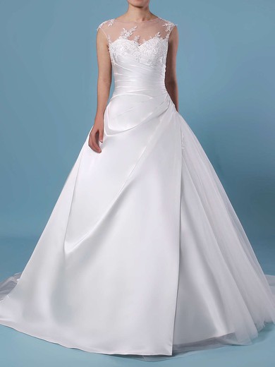 Ball Gown Scoop Neck Tulle Sweep Train Appliques Lace Wedding Dresses #DOB00023390