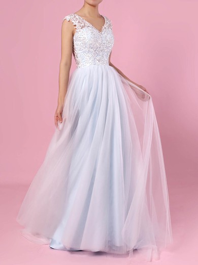 A-line V-neck Tulle Sweep Train Appliques Lace Wedding Dresses #DOB00023394
