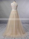 A-line Scoop Neck Lace Tulle Sweep Train Appliques Lace Wedding Dresses #DOB00023395