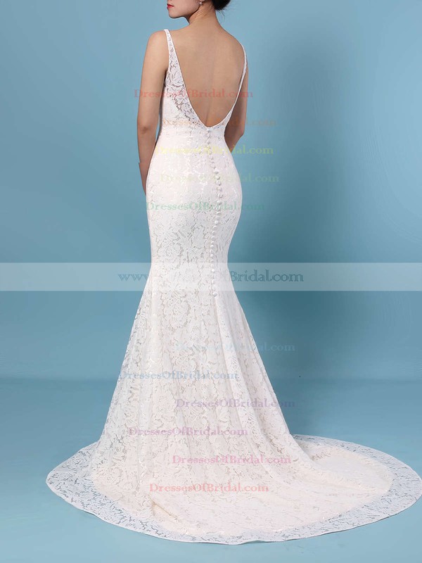 Trumpet/Mermaid V-neck Lace Sweep Train Wedding Dresses #DOB00023398