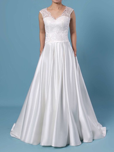 Ball Gown V-neck Lace Satin Sweep Train Pockets Wedding Dresses #DOB00023403