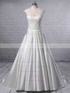 Ball Gown V-neck Lace Satin Sweep Train Pockets Wedding Dresses #DOB00023403