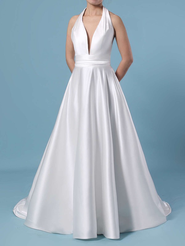 Ball Gown Halter Satin Sweep Train Ruffles Wedding Dresses #DOB00023424