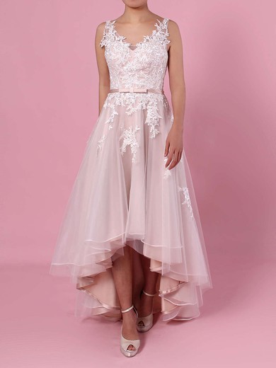 A-line V-neck Tulle Asymmetrical Appliques Lace Wedding Dresses #DOB00023427